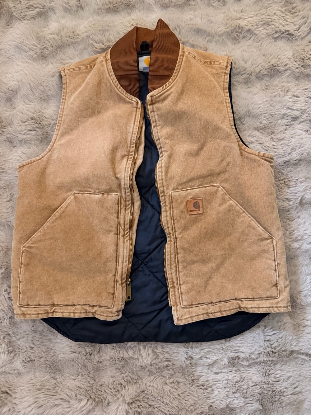 Carhartt Kids Tan Duck Canvas Vest with Navy Quilted Lining
